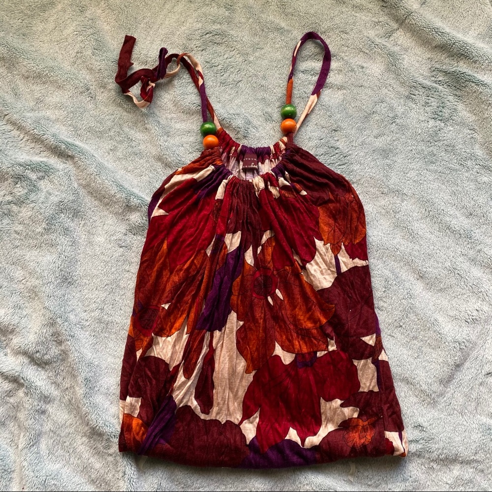 🐳 Red orange purple floral print tie sleeve dress